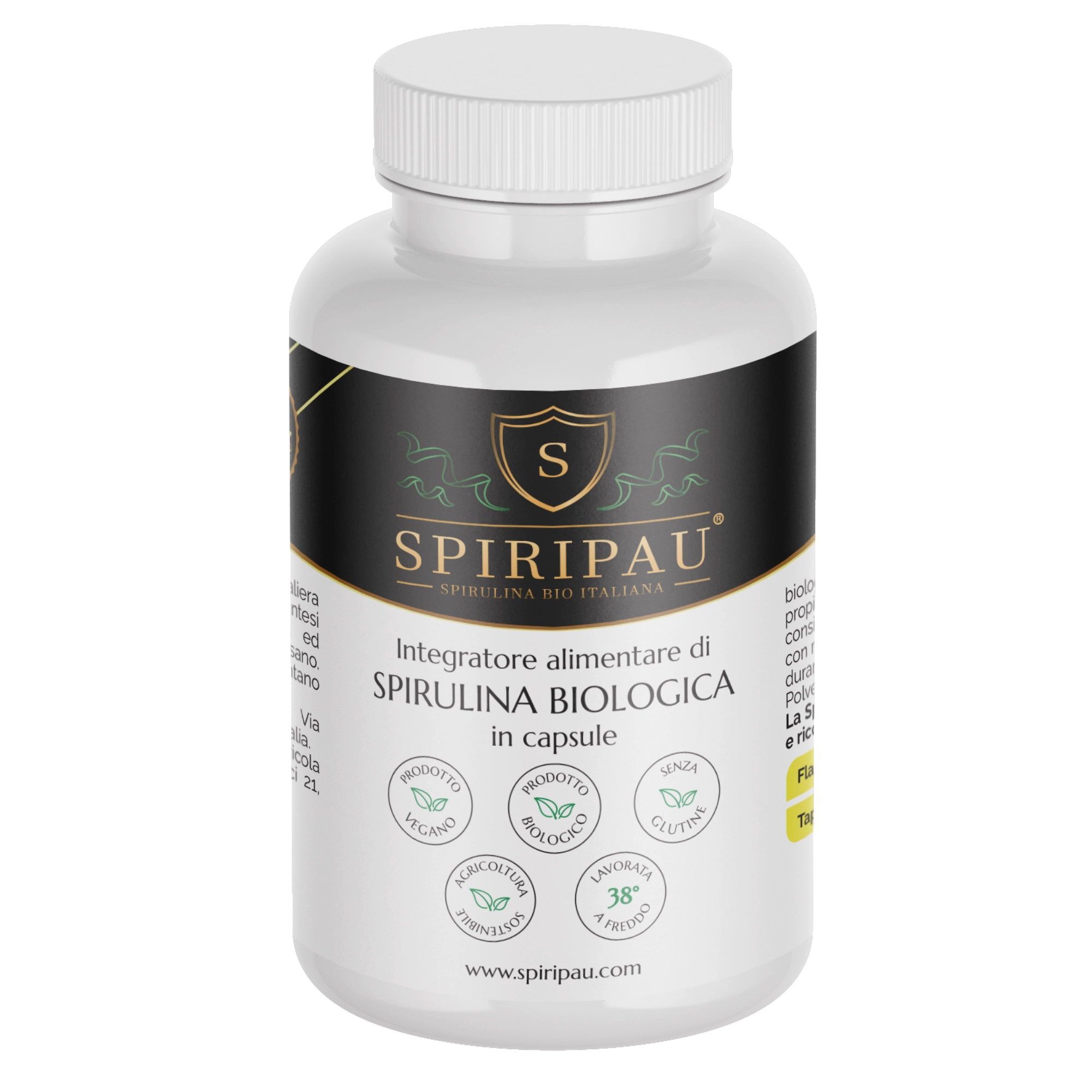 Spirulina Bio in Capsule - Barattolo da 50 g contenente 100 capsule da 500 mg [fronte] - Spiripau