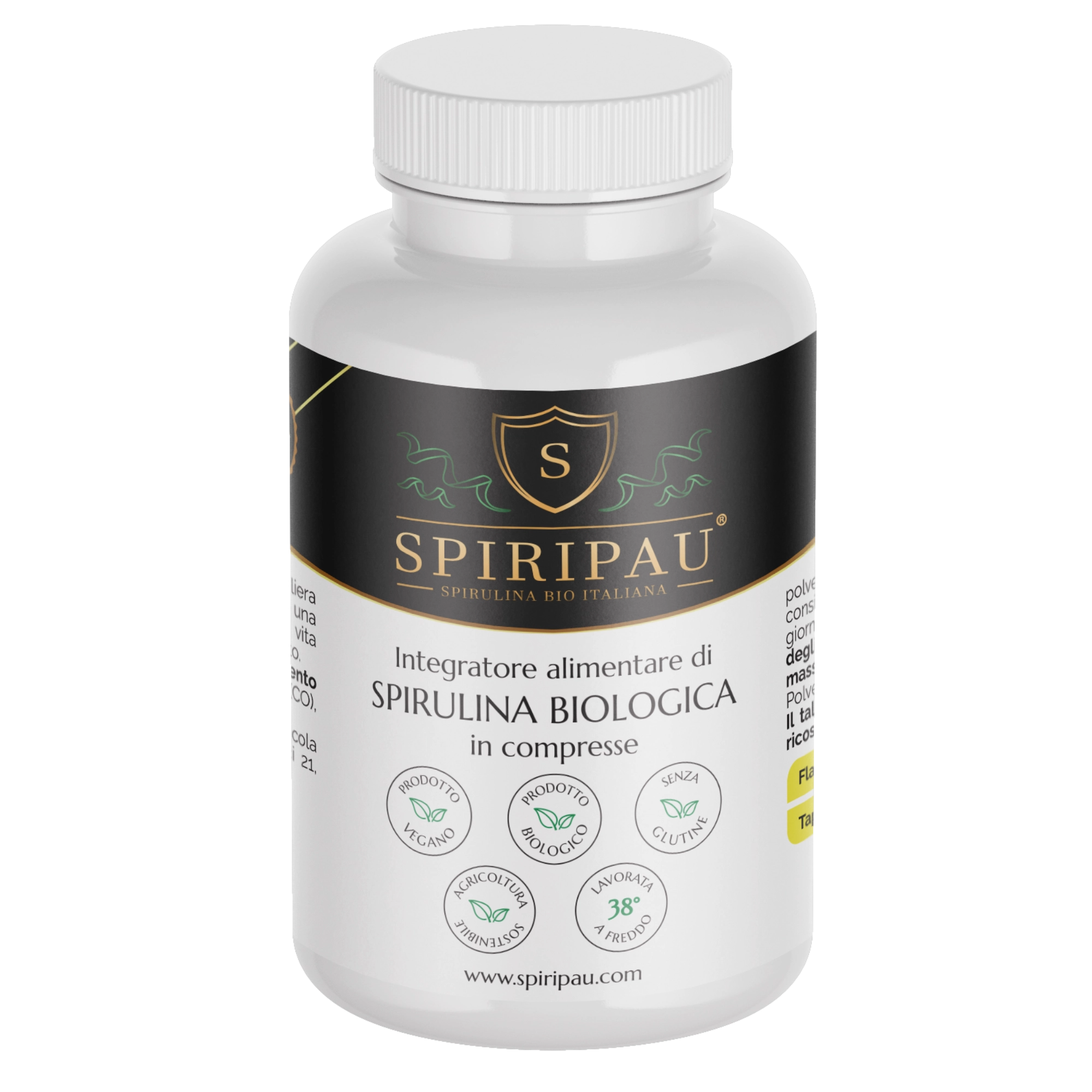 Spirulina Bio in Compresse - Barattolo da 50 g contenente 100 compresse da 500 mg [fronte] - Spiripau